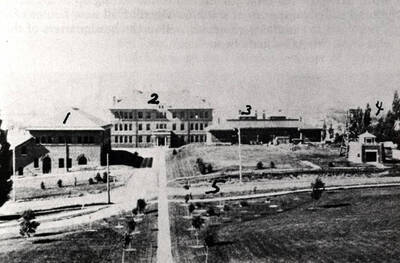 1- Mines Building, 2- Morrill Hall (Forestry Building), 3- Geology Building, 4- Hose cart fire station, now location of the Science Hall, 5- University Avenue. See aerial picture #28 [90-8-028?] showing hose cart fire station at lower left corner of picture.