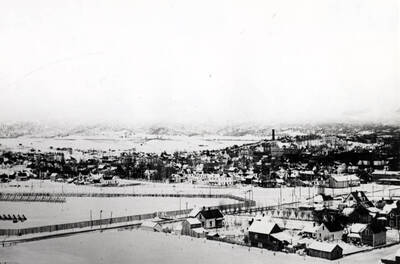 Looking northeast from Morrill Hall. Birds-eye view of Lava Dunes and Moscow, Palouse Country. Picture from a glass transparency at the McConnell Mansion. Picture about 1908.
