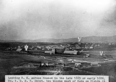 No. 1, O.R.N. [Oregon Railroad & Navigation] depot, two blocks west of Main on Eighth Street. No. 2, South Main Street showing bridge across Paradise Creek. No. 3, two-room Russell School built in 1884. House in foreground now location of University of Idaho Forestry Nursery and buildings. 1968