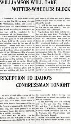 Photo of newspaper article announcing Williamson's moving into the Motter-Wheeler Block at the southeast corner of First and Main streets. Three-story building was built by William J. McConnell.