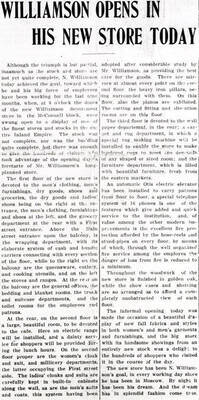 Photo of newspaper article announcing opening of Williamson store in 1913 in the Motter-Wheeler Block at the southeast corner of First and Main streets.
