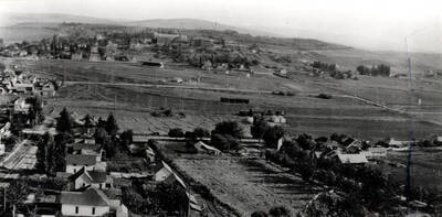 Aerial view of Moscow, with the University of Idaho campus in the background of the image.