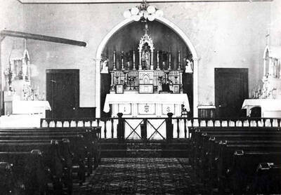 Inside the Holy Trinity Roman Catholic Church. After the new church was built at the northeast corner of First and Polk streets, this building was used as a gymnasium and recreation area until razed in 1979.