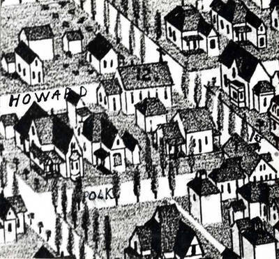 [Enlargement of illustration.] Caption: 'No. 12- Catholic Church built in 1886 at the northwest corner of First and Howard streets.' This building was razed in 1977 and was east of the present brick Catholic Church.