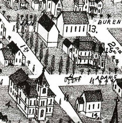 [Enlargement from birds-eye view of Moscow in 1897 by Augustus Koch.] Number 13- Swedish Lutheran Church, 15- McConnell Mansion, 14- Danish Lutheran Church, 4- Russell School (first two rooms built in 1884, four more added in 1888-89. Burned 1912.)