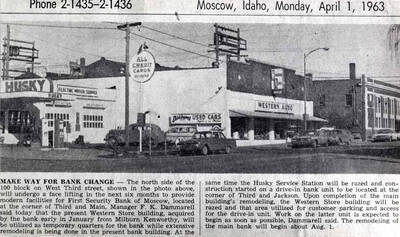 [Photo of newspaper photo and caption]. North side of Third Street between Main and Jackson streets. All of the above [90-9-120?] buildings were razed in 1963 to make way for the new First Security bank, parking area and drive-in bank.