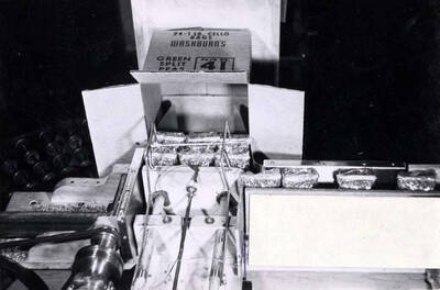 Shows the case in position to receive the one-pound cellophane bags. When the lower end of the case had 12 bags in position, the case was pulled back and pushed down and forward to receive the other 12 bags.