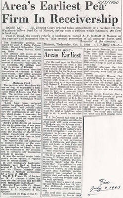 A photocopy of an article in the Idahonian detailing the bankruptcy of the Washburn-Wilson Seed Company and the company's status of receiving bids.