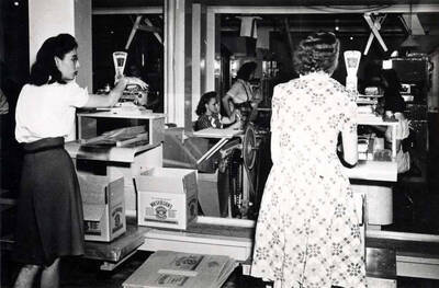 End view showing one-pound cellophane bags being packed in 12/1# cases. Girl at left, unknown; right, Lela Lind.