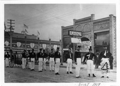 Williamson's Store, northeast corner of Main and Fifth streets. Crystal Theater now Kenworthy movie house, 1968. Moscow Hose Cart Co. No. 4 July 4, 1911.