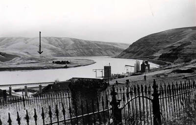 Looking west from the Spalding cemetery at the Almota grain elevators and the barge-loading docks. Old ferry crossing was beyond the elevators across the river to the shore near the trees. Arrow points to the location of Ilia about four miles downriver. Mrs. Ott and I were taking pictures of the grave markers when this picture was taken June 26, 1974.