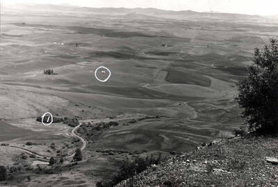 High over the recreation area east of Steptoe Butte. Number 1 is the location of the recreation area.