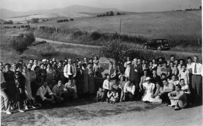 No. 4- On map. Located about three miles southeast of Moscow at the northwest corner at the junction of Lenville Road and [Mill Road]. Monument marks the junction of Steven's Trail with the Greater Nez Perce Trail used over 1,000 years. Arriving here June 21, 1855, Governor Stevens recorded the first history of the Moscow area. Erected by the Worthwhile Club in 1938. George M. Tomer (guide) at the left of the monument in white shirt and dark tie. Dr. C.J. Brosnan at right of monument in dark suit. Two above pictures [90-0120, 90-0121] taken about 1938.