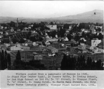 1- Stand Pipe (water tank), 2- Tomer's Butte, 3- Irving School, 4- second high school on Third Street. 5- C Street, 6- vinegar plant, 7- A Street, 8- Idaho Hotel. 9- North Main Street, 10- City water works (pumping plant). Vinegar plant burned November 1956.
