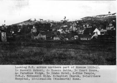 1- Russell School, 2- Tomer's Butte, 3- Courthouse, 4- Paradise Ridge, 5- Idaho Hotel, 6- Elks Temple, 7- W.J. McConnell Building. 8- Baptist Church, 9- Carithers Hospital, 10- Lieuallen (Woodworth) Home.