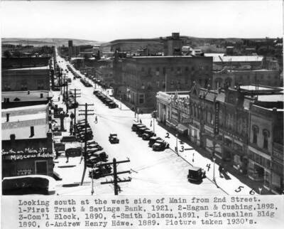 1- First Trust and Savings Bank, 1921, 2- Hagan and Cushing, 1892. 3- Commercial Block, 1890, 4- Smith Dolson, 1891, 5- Lieuallen Building 1890, 6- Andrew Henry Hardware 1889. Picture taken 1930s.