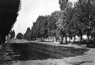 With men sitting on porch of Pleasant Home. Note trees on west Third Street. Early 1900s.