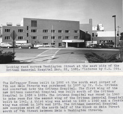 Looking west across Washington Street at the east side of the Gritman Memorial Hospital March 22, 1981. Pictures by Clifford M. Ott.
