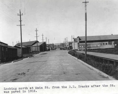 Looking north at Main Street from the railroad tracks after the street was paved in 1912. Moscow.