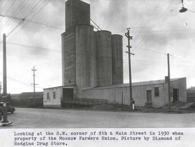 Looking at the southwest corner of Eighth and Main streets in 1930 when property of Moscow Farmers Union. Picture by Dimond of Hodgins Drug Store.