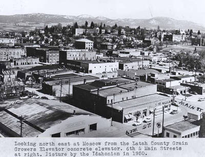 Concrete elevator. Sixth and Main streets at right. Picture by the Idahonian in 1950.