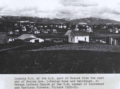 From the east end of Henley Avenue. 1- Henley home and buildings, 2- German Lutheran Church at the southwest corner of Spotswood and Harrison streets. Picture 1910-11.