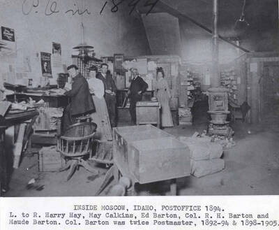 Left to right: Harry Hay, May Calkins, Ed Barton, Col. R.H. Barton and Maude Barton. Col. Barton was twice postmaster, 1892-94 and 1898-1905.