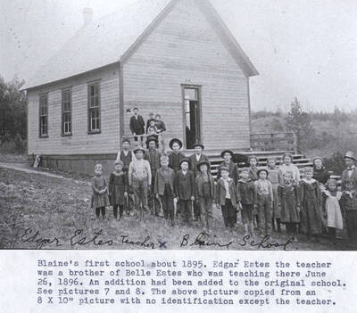 About 1895. Edgar Estes, the teacher, was a brother of Belle Estes who was teaching there, June 26, 1896. An addition had been added to the original school. See pictures [90-4-007 and 90-4-008]. The above picture [90-4-008a] copied from an 8 X 10' picture with no identification except the teacher.