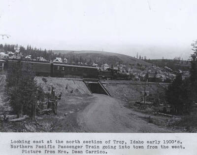 Early 1900s. Northern Pacific [Railroad] passenger train going into town from the west. Picture from Mrs. Dean Carrico.