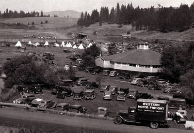 And the race track beyond. Round dance hall was built in 1928. Believed to be a Fourth of July celebration in progress.