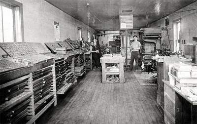 Owned and operated by William (Bill) Marineau at left, with W.H. Adams and J. Les Clark. c. 1925. Later Marineau moved to Moscow and was publisher of Moscow's daily paper until retiring about 1975.