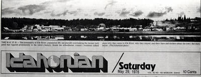 Photo of newspaper photo and caption. The Way It Is - The community of Elk River, population 383, sat placidly overlooking the former mill pond that figured prominently in the town's history. Inside the schoolhouse (center) residents talked about why they came to Elk River, why they stayed, and their likes and dislikes about the town. (Idahonian, May 29, 1976)