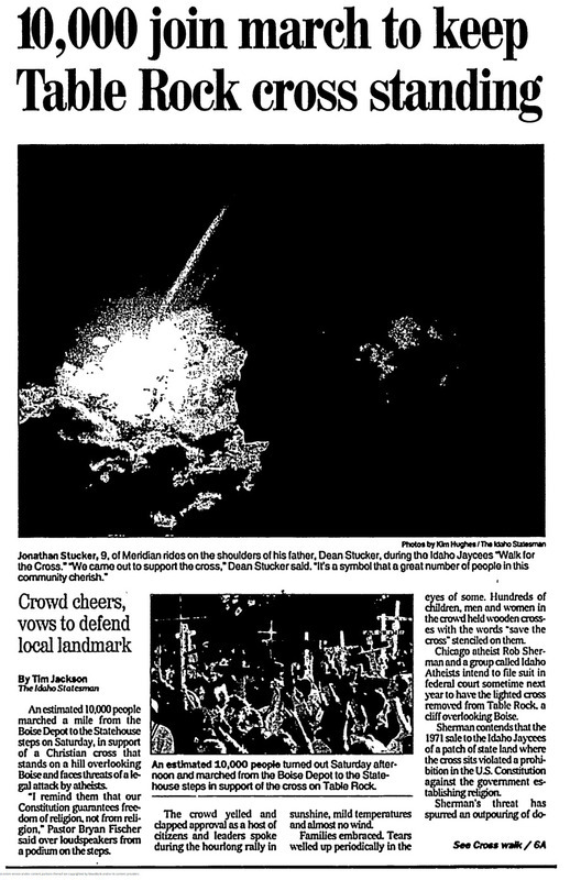 An article published by The Idaho Statesman reports on the march from the Boise Depot to the Capitol Building, following reports that the cross might be removed.