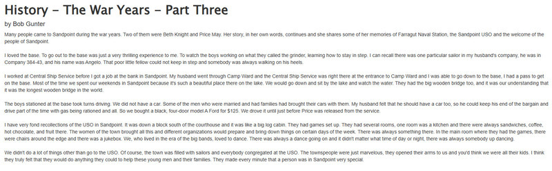 This is an interview with a woman who moved to Sandpoint with her husband while he was stationed at Farragut Naval Training Station.