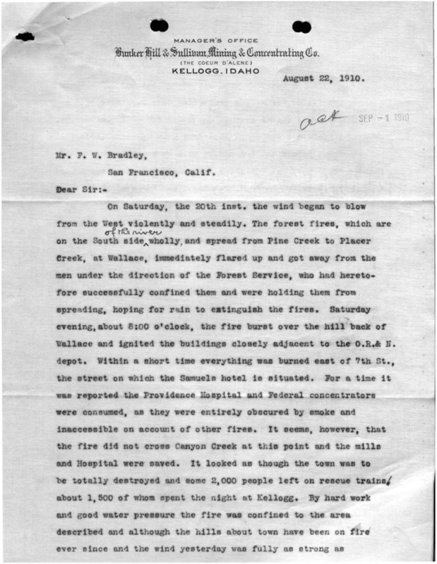 Managers letters, Easton to Bradley. Letter detailing the Wallace area fire of 1910.