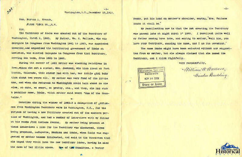 A letter from William W. Wallace to Burton L. French relating the story of how the Territory of Idaho was named.