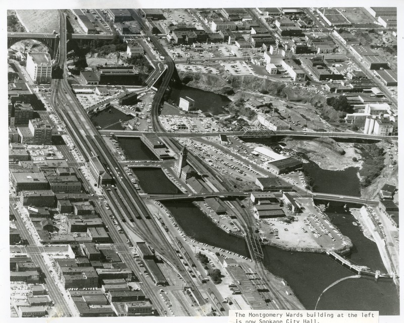 A picture of Spokane falls and downtown before renewal.