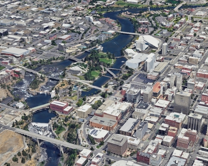 A google earth image of Spokane's downtown.