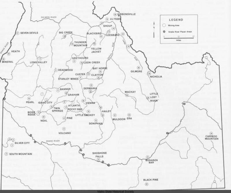 A map containing major mining and placer sites in the area.