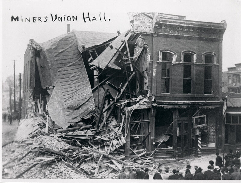 Photo depicting the damage resulting from the explosion at the Miners Union Hall during Butte riots of 1914.