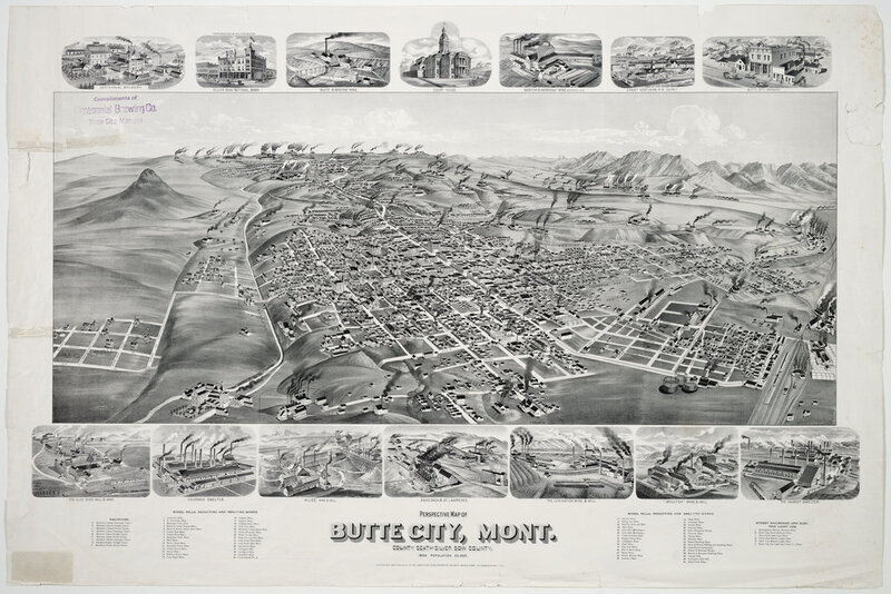 Perspective map of Butte with separate renditions of notable buildings, also includes list of places and population.