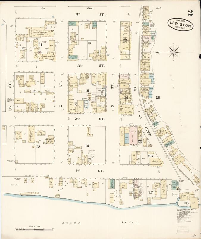 1888 Sanborn Fire Insurance map of Lewiston, Idaho, showing downtown, including a group of buildings that eventually came known as Chinatown, is here labeled "China Town." 