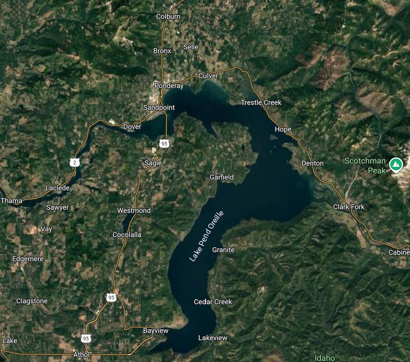 This is a map of Sandpoint and the surrounding area that includes Schweitzer and Farragut State Park.
