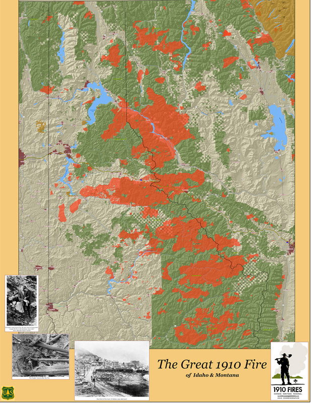 A map illustrating the extent of the 1910 "Big Blowup" wildfires across northern Idaho and western Montana.