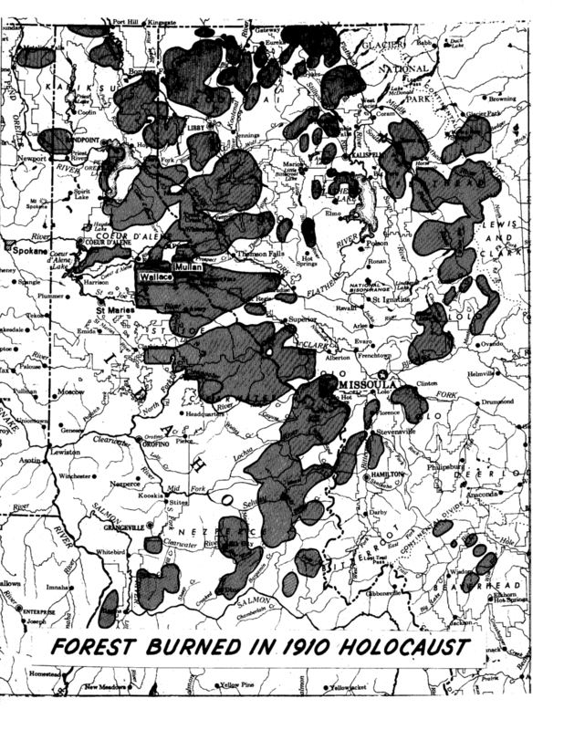 A map produced by the U.S. Forest Service shortly after the 1910 fires, illustrating the massive acreage burned.
