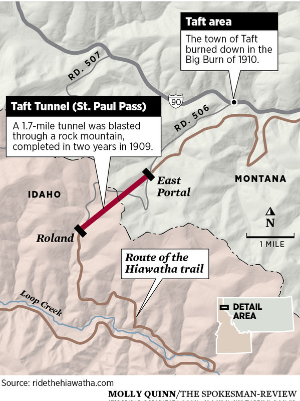 A map showing Taft, the Taft Tunnel, and the Hiawatha Trail.