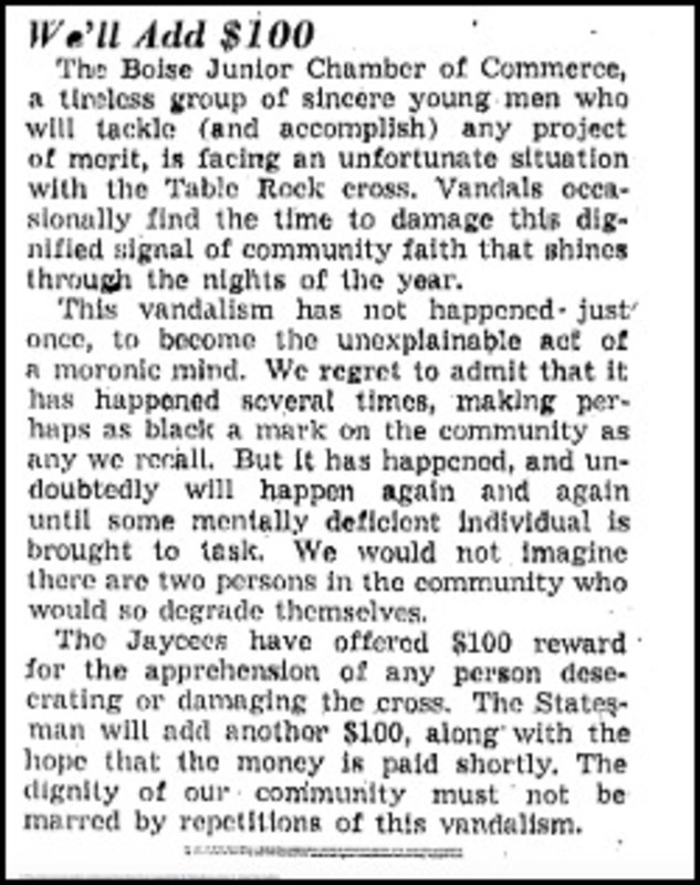 An article describing vandalism of Table Rock Cross and Jaycess offering an reward for capturing the vandal.