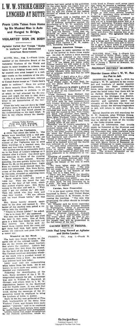news article detailing lynching of labor leader frank little during the period of civil unrest in butte over labor and war