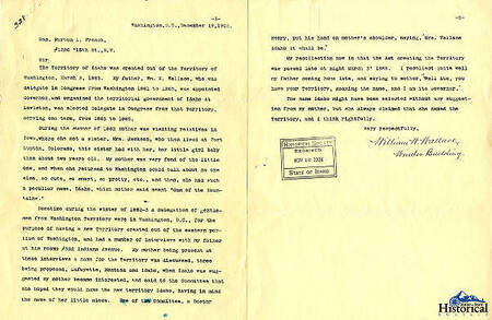 A letter from William W. Wallace to Burton L. French relating the story of how the Territory of Idaho was named.