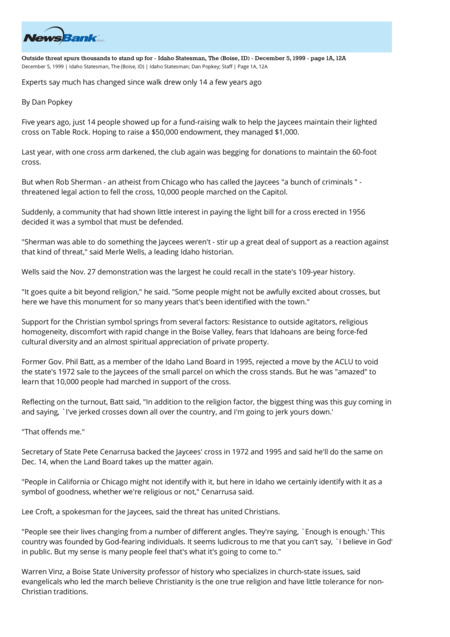 The article focuses on the march that supported the Table Rock Cross, discussing the social conflict that followed a week later.